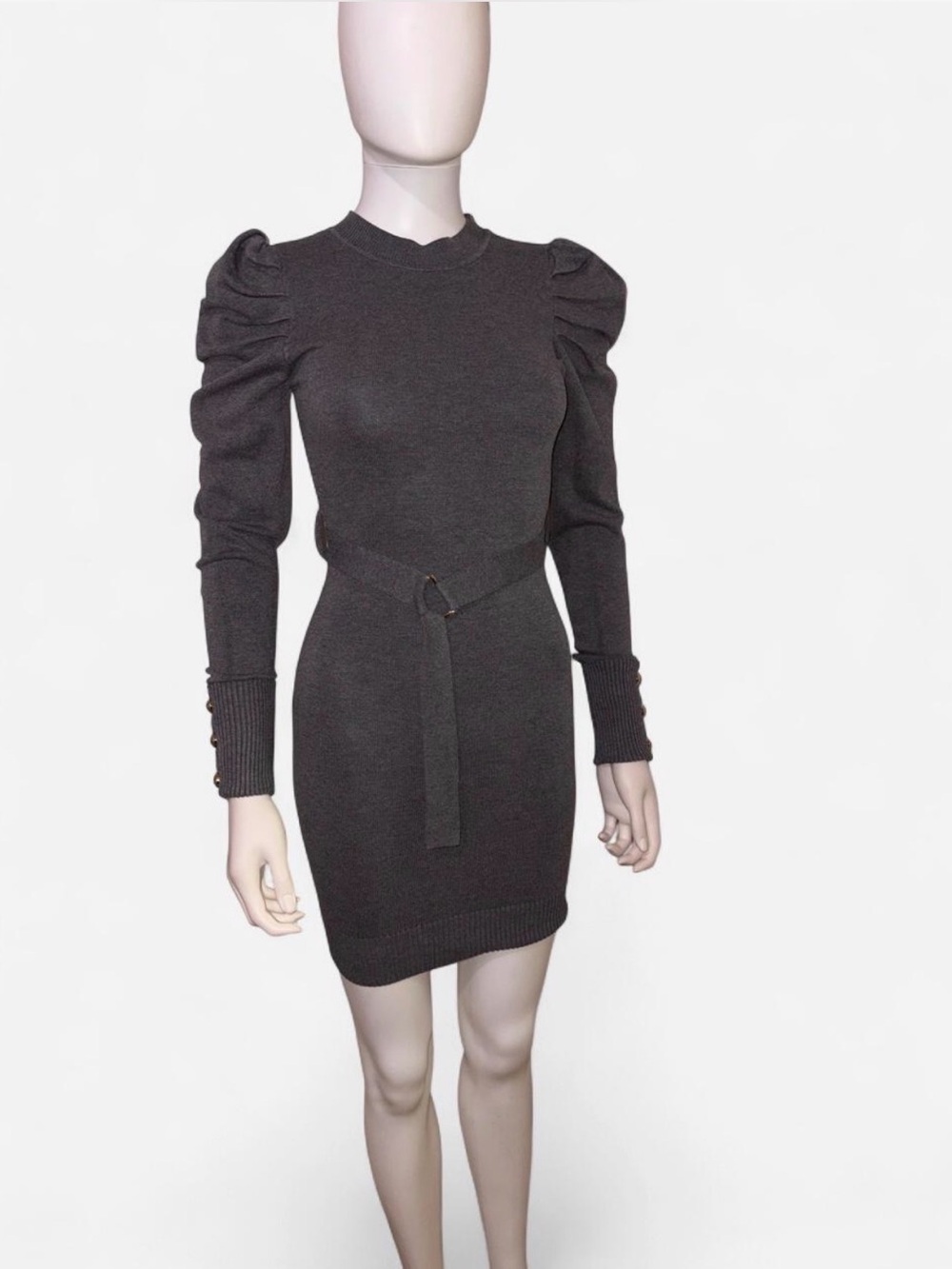 Hera Puff-Sleeve Knit Belted Sweater Dress - Charcoal